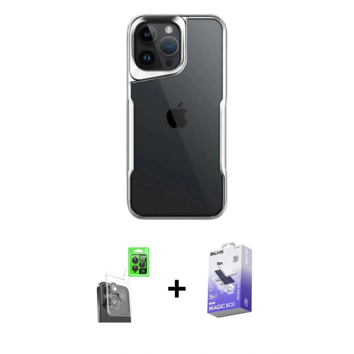 MARSİLYAN™- iPhone 16 Pro Kılıf Akış Çizgi Koleksiyonu - Siyah Bilvis 5in1 5D Magic Hayalet Cam Ekran Koruyucu + Siyah Raze Metal Kamera Lens