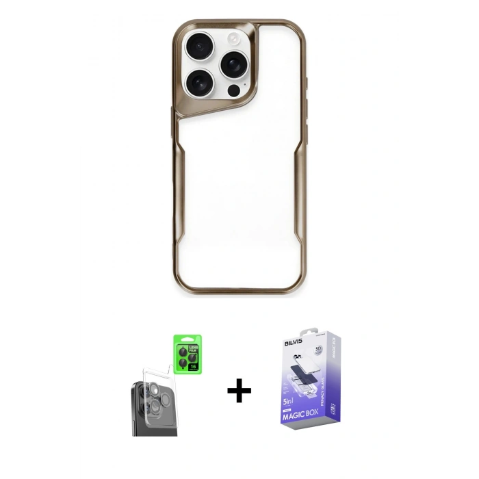 MARSİLYAN™- iPhone 16 Pro Kılıf Akış Çizgi Koleksiyonu - Siyah Bilvis 5in1 5D Magic Hayalet Cam Ekran Koruyucu + Siyah Raze Metal Kamera Lens