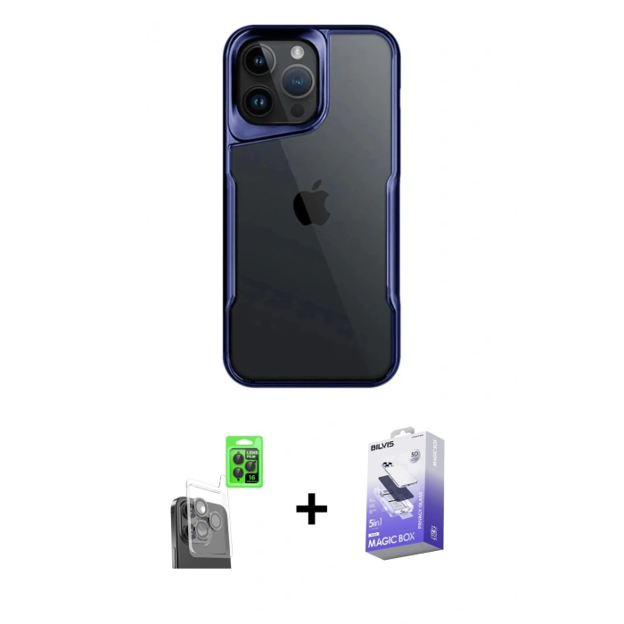 MARSİLYAN™- iPhone 16 Pro Kılıf Akış Çizgi Koleksiyonu - Siyah Bilvis 5in1 5D Magic Hayalet Cam Ekran Koruyucu + Siyah Raze Metal Kamera Lens