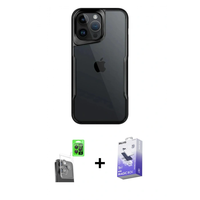 MARSİLYAN™- iPhone 16 Pro Kılıf Akış Çizgi Koleksiyonu - Siyah Bilvis 5in1 5D Magic Hayalet Cam Ekran Koruyucu + Siyah Raze Metal Kamera Lens
