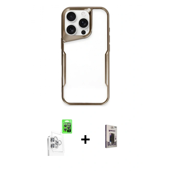 MARSİLYAN™- iPhone 16 Pro Kılıf Akış Çizgi Koleksiyonu - Siyah Bilvis Hayalet Cam Ekran Koruyucu + Raze Metal Kamera Lens - BZ