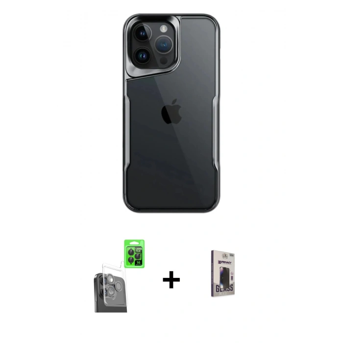 MARSİLYAN™- iPhone 16 Pro Kılıf Akış Çizgi Koleksiyonu - Siyah Bilvis Hayalet Cam Ekran Koruyucu + Raze Metal Kamera Lens - SH