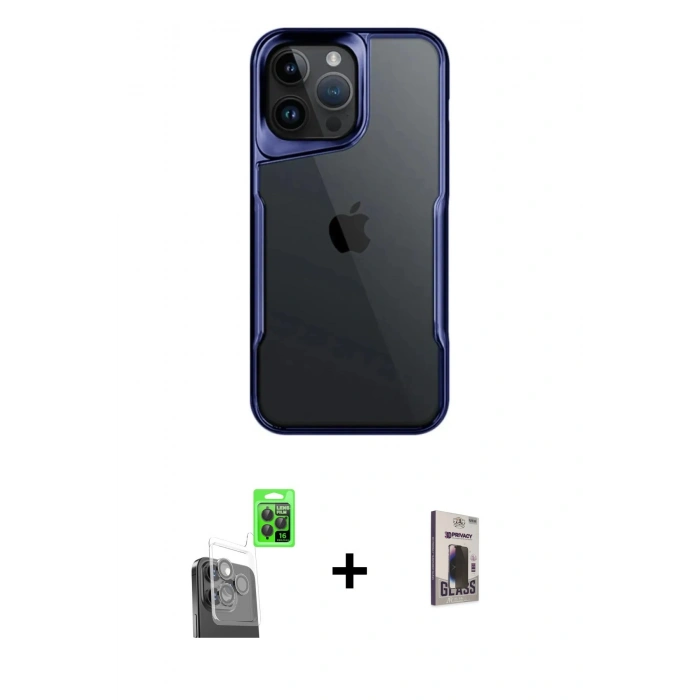 MARSİLYAN™- iPhone 16 Pro Kılıf Akış Çizgi Koleksiyonu - Siyah Bilvis Hayalet Cam Ekran Koruyucu + Raze Metal Kamera Lens - SH