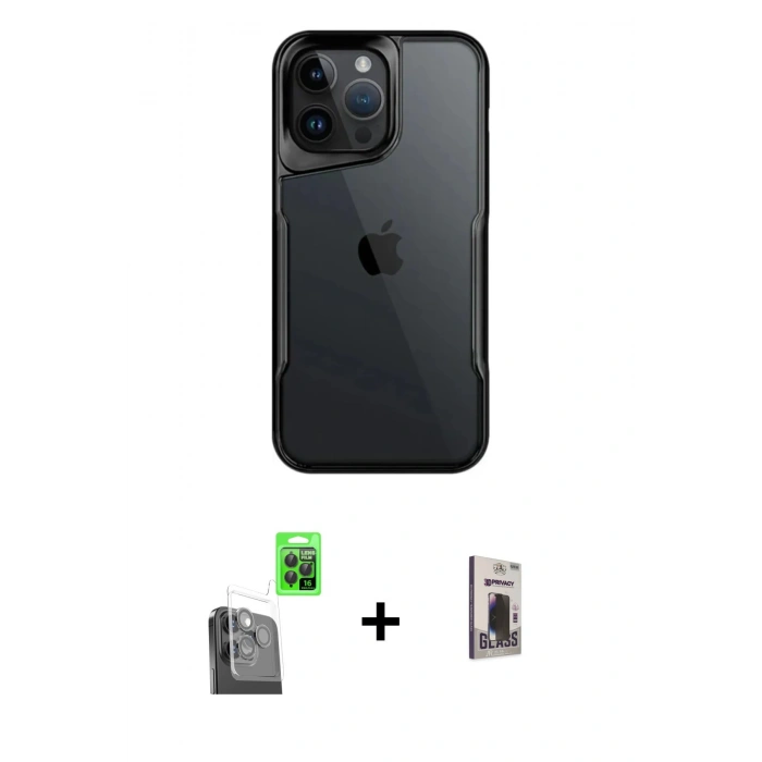 MARSİLYAN™- iPhone 16 Pro Kılıf Akış Çizgi Koleksiyonu - Siyah Bilvis Hayalet Cam Ekran Koruyucu + Raze Metal Kamera Lens - SH