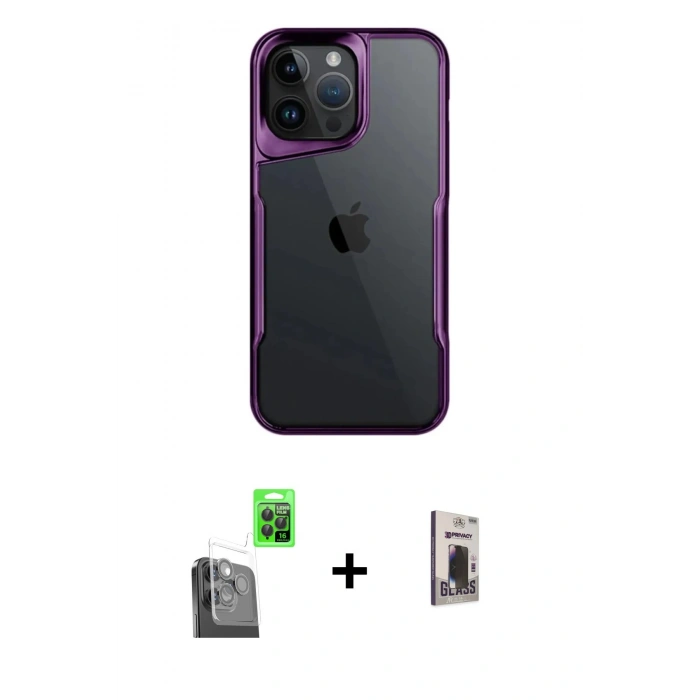 MARSİLYAN™- iPhone 16 Pro Kılıf Akış Çizgi Koleksiyonu - Siyah Bilvis Hayalet Cam Ekran Koruyucu + Raze Metal Kamera Lens - SH