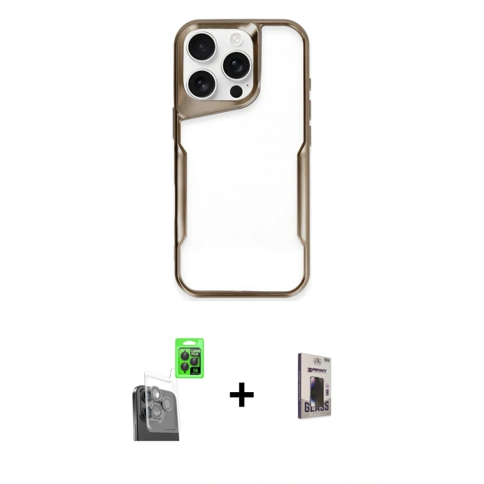 MARSİLYAN™- iPhone 16 Pro Kılıf Akış Çizgi Koleksiyonu - Siyah Bilvis Hayalet Cam Ekran Koruyucu + Raze Metal Kamera Lens - SH