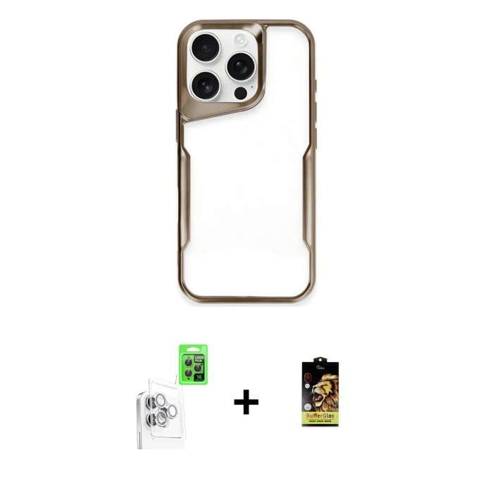 MARSİLYAN™- iPhone 16 Pro Kılıf Akış Çizgi Koleksiyonu - Siyah Buffer Cam Ekran Koruyucu + Beyaz Raze Metal Kamera Lens