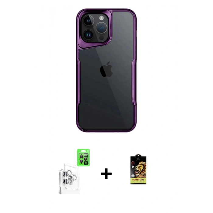 MARSİLYAN™- iPhone 16 Pro Kılıf Akış Çizgi Koleksiyonu - Siyah Buffer Cam Ekran Koruyucu + Beyaz Raze Metal Kamera Lens