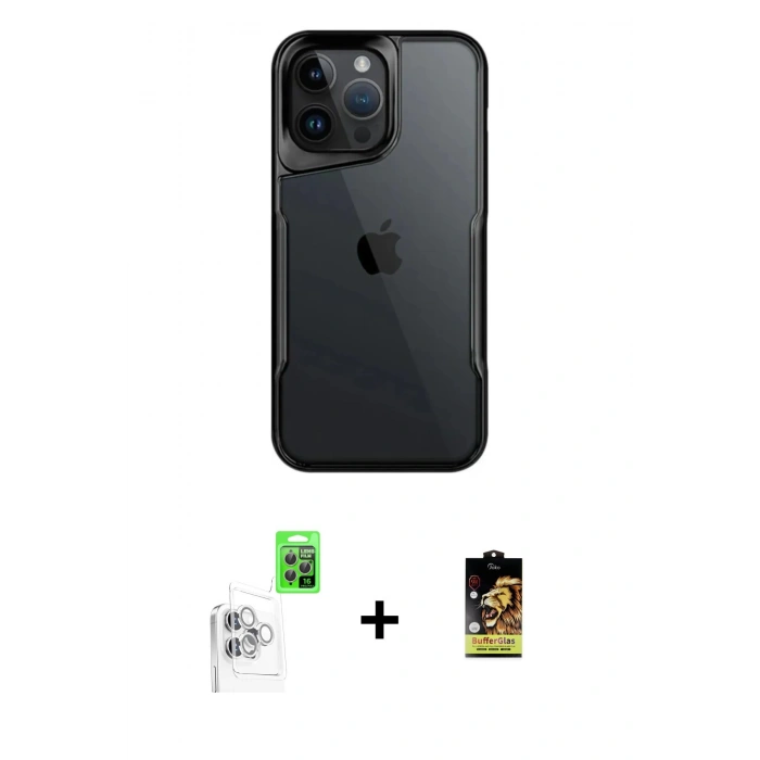 MARSİLYAN™- iPhone 16 Pro Kılıf Akış Çizgi Koleksiyonu - Siyah Buffer Cam Ekran Koruyucu + Beyaz Raze Metal Kamera Lens