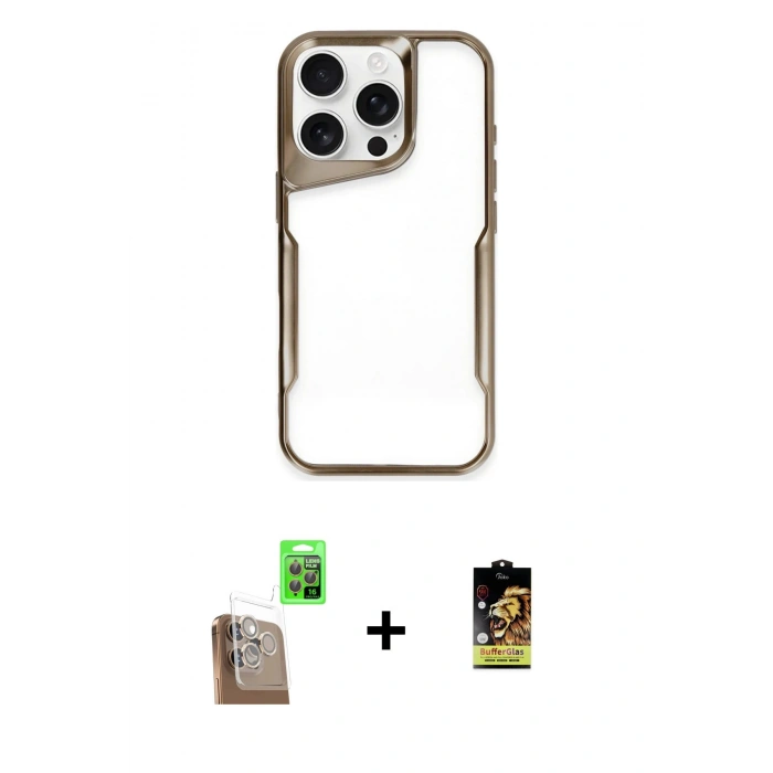MARSİLYAN™- iPhone 16 Pro Kılıf Akış Çizgi Koleksiyonu - Siyah Buffer Cam Ekran Koruyucu + Raze Metal Kamera Lens - CLTM