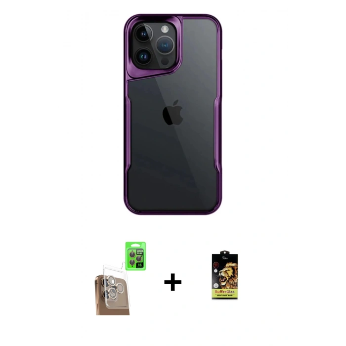 MARSİLYAN™- iPhone 16 Pro Kılıf Akış Çizgi Koleksiyonu - Siyah Buffer Cam Ekran Koruyucu + Raze Metal Kamera Lens - CLTM