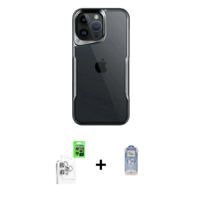 MARSİLYAN™- iPhone 16 Pro Kılıf Akış Çizgi Koleksiyonu - Siyah Joko Magic 5D Cam + Raze Metal Kamera Lens - BZ