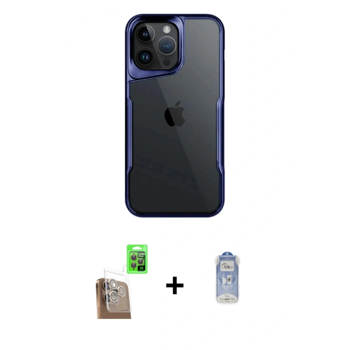 MARSİLYAN™- iPhone 16 Pro Kılıf Akış Çizgi Koleksiyonu - Siyah Joko Magic 5D Cam + Çöl Titanyum Raze Metal Kamera Lens