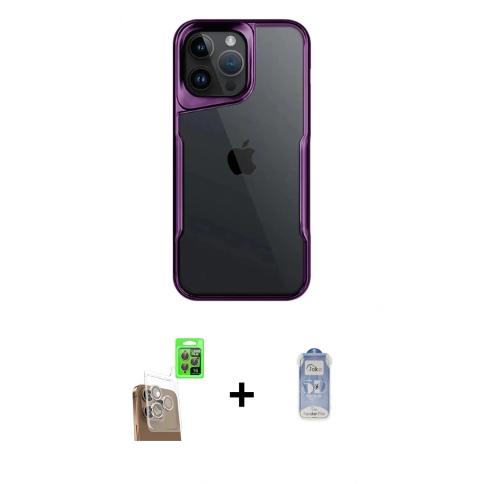 MARSİLYAN™- iPhone 16 Pro Kılıf Akış Çizgi Koleksiyonu - Siyah Joko Magic 5D Cam + Çöl Titanyum Raze Metal Kamera Lens