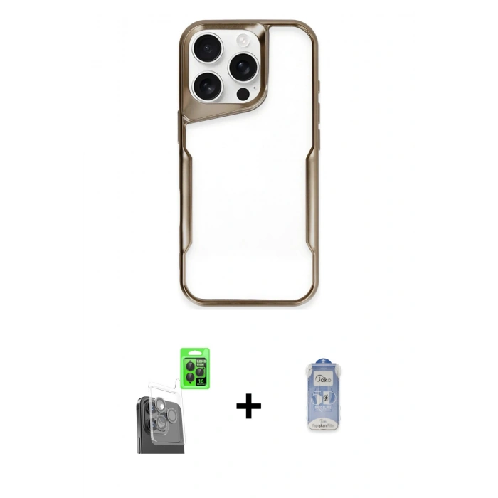 MARSİLYAN™- iPhone 16 Pro Kılıf Akış Çizgi Koleksiyonu - Siyah Joko Magic 5D Cam + Raze Metal Kamera Lens - SH
