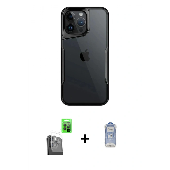 MARSİLYAN™- iPhone 16 Pro Kılıf Akış Çizgi Koleksiyonu - Siyah Joko Magic 5D Cam + Raze Metal Kamera Lens - SH