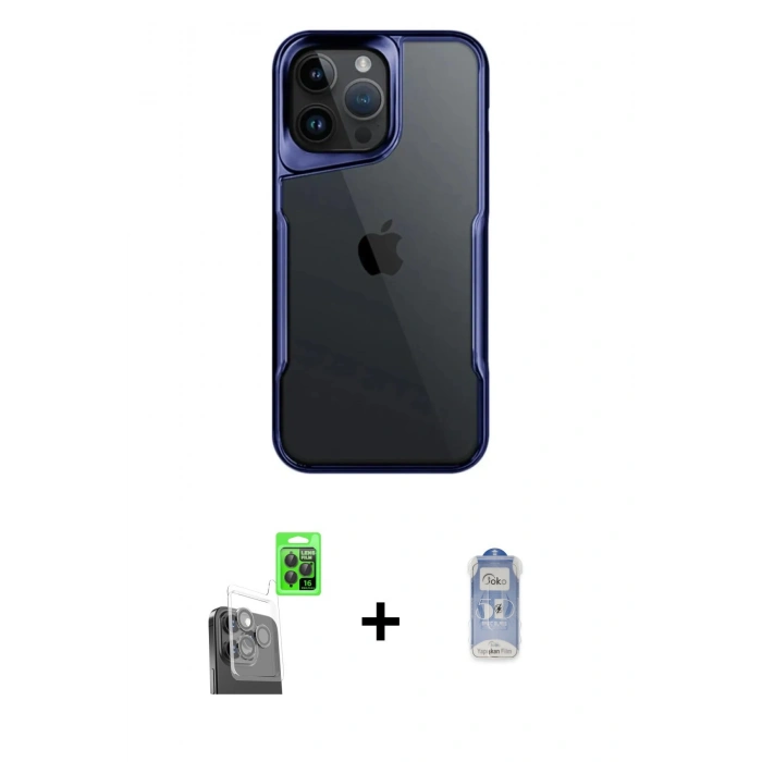 MARSİLYAN™- iPhone 16 Pro Kılıf Akış Çizgi Koleksiyonu - Siyah Joko Magic 5D Cam + Raze Metal Kamera Lens - SH