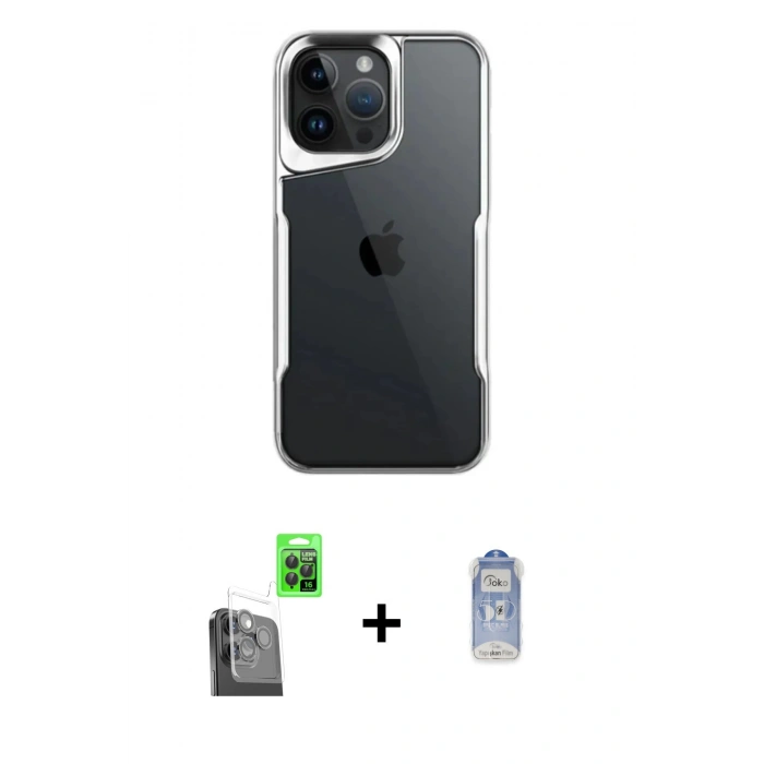 MARSİLYAN™- iPhone 16 Pro Kılıf Akış Çizgi Koleksiyonu - Siyah Joko Magic 5D Cam + Raze Metal Kamera Lens - SH