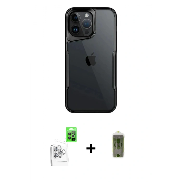 MARSİLYAN™- iPhone 16 Pro Kılıf Akış Çizgi Koleksiyonu - Siyah Joko Magic 5D Hayalet Cam + Raze Metal Kamera Lens - BZ