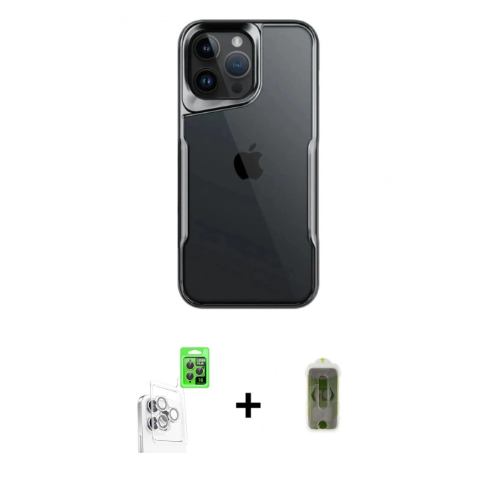 MARSİLYAN™- iPhone 16 Pro Kılıf Akış Çizgi Koleksiyonu - Siyah Joko Magic 5D Hayalet Cam + Raze Metal Kamera Lens - BZ