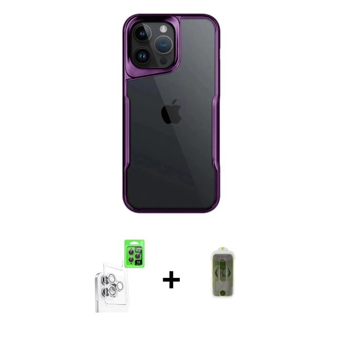 MARSİLYAN™- iPhone 16 Pro Kılıf Akış Çizgi Koleksiyonu - Siyah Joko Magic 5D Hayalet Cam + Raze Metal Kamera Lens - BZ