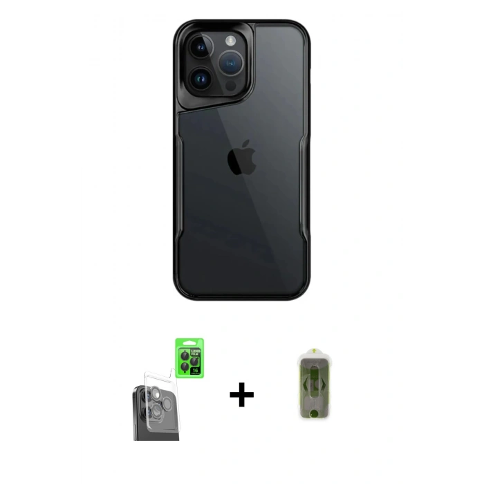 MARSİLYAN™- iPhone 16 Pro Kılıf Akış Çizgi Koleksiyonu - Siyah Joko Magic 5D Hayalet Cam + Raze Metal Kamera Lens - SH