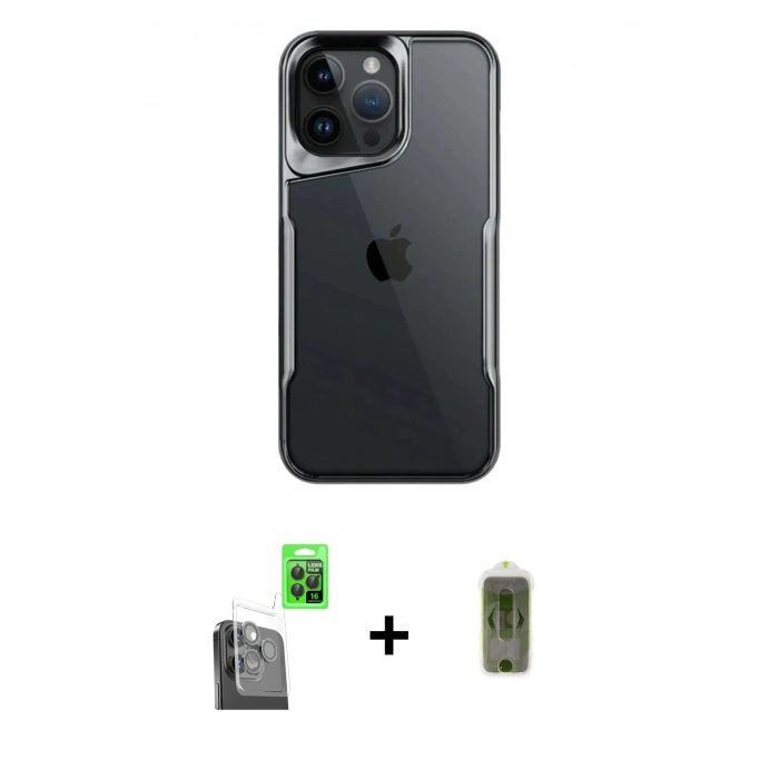 MARSİLYAN™- iPhone 16 Pro Kılıf Akış Çizgi Koleksiyonu - Siyah Joko Magic 5D Hayalet Cam + Raze Metal Kamera Lens - SH