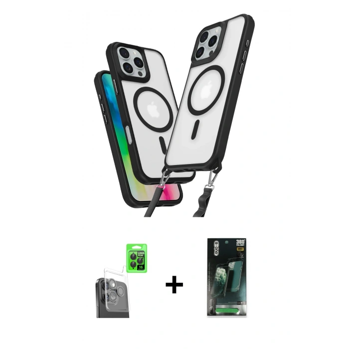 MARSİLYAN™- iPhone 16 Pro Kılıf Atlas Doku Koleksiyonu - Siyah 360 Mat Full Body Arka Koruyucu + Raze Metal Kamera Lens - SH