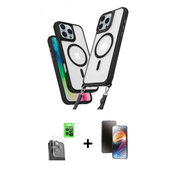 MARSİLYAN™- iPhone 16 Pro Kılıf Atlas Doku Koleksiyonu - Siyah 3D Antistatik Mat Seramik Nano Ekran Koruyucu + Raze Metal Kamera Lens - SH