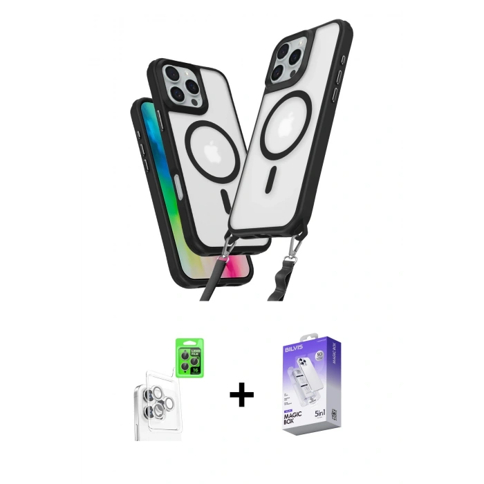 MARSİLYAN™- iPhone 16 Pro Kılıf Atlas Doku Koleksiyonu - Siyah Bilvis 5in1 3D Magic Cam Ekran Koruyucu + Raze Metal Kamera Lens - BZ