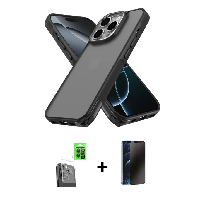 MARSİLYAN™- iPhone 16 Pro Kılıf Atlas Form - Siyah 3D Antistatik Hayalet Cam Ekran Koruyucu + Raze Metal Kamera Lens - SH