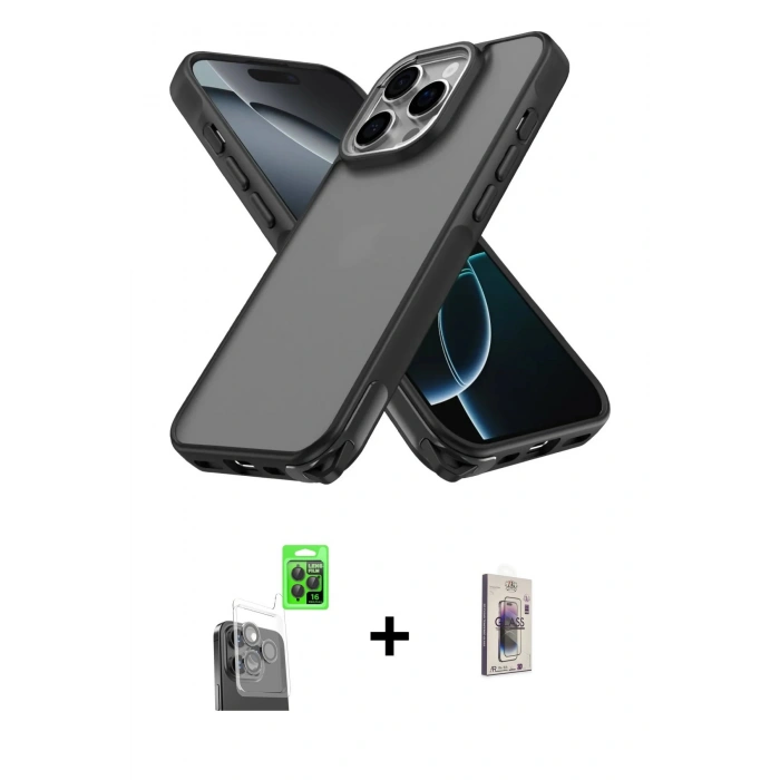 MARSİLYAN™- iPhone 16 Pro Kılıf Atlas Form - Siyah Bilvis 3D Cam Ekran Koruyucu + Raze Metal Kamera Lens - SH
