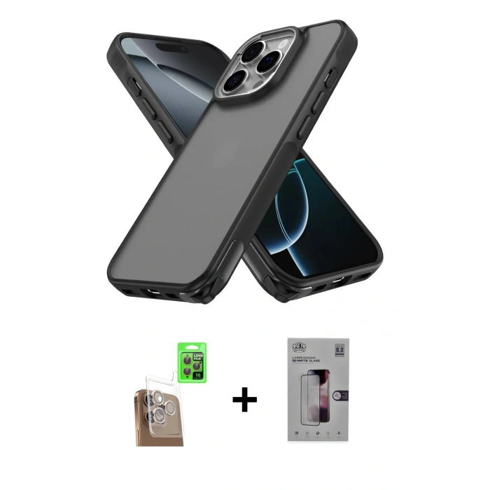 MARSİLYAN™- iPhone 16 Pro Kılıf Atlas Form - Siyah Bilvis 3D Mat Cam Ekran Koruyucu + Raze Metal Kamera Lens - CLTM