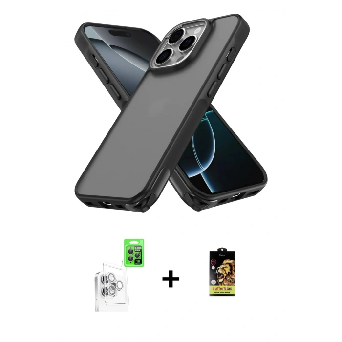 MARSİLYAN™- iPhone 16 Pro Kılıf Atlas Form - Siyah Buffer Cam Ekran Koruyucu + Beyaz Raze Metal Kamera Lens