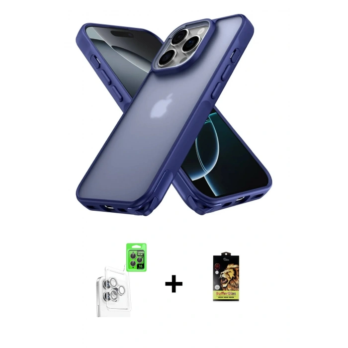 MARSİLYAN™- iPhone 16 Pro Kılıf Atlas Form - Siyah Buffer Cam Ekran Koruyucu + Beyaz Raze Metal Kamera Lens