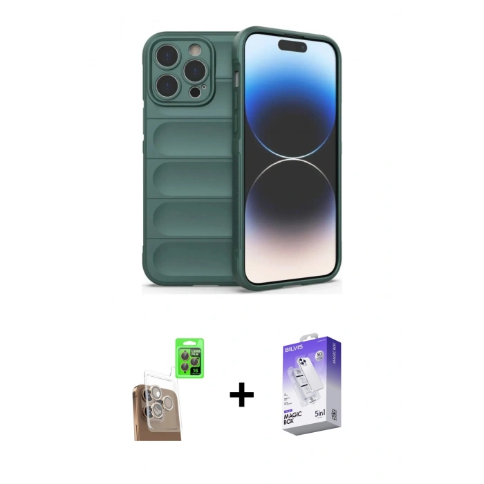 MARSİLYAN™- iPhone 16 Pro Kılıf Atlas Koleksiyonu - Siyah Bilvis 5in1 3D Magic Cam Ekran Koruyucu + Raze Metal Kamera Lens - CLTM