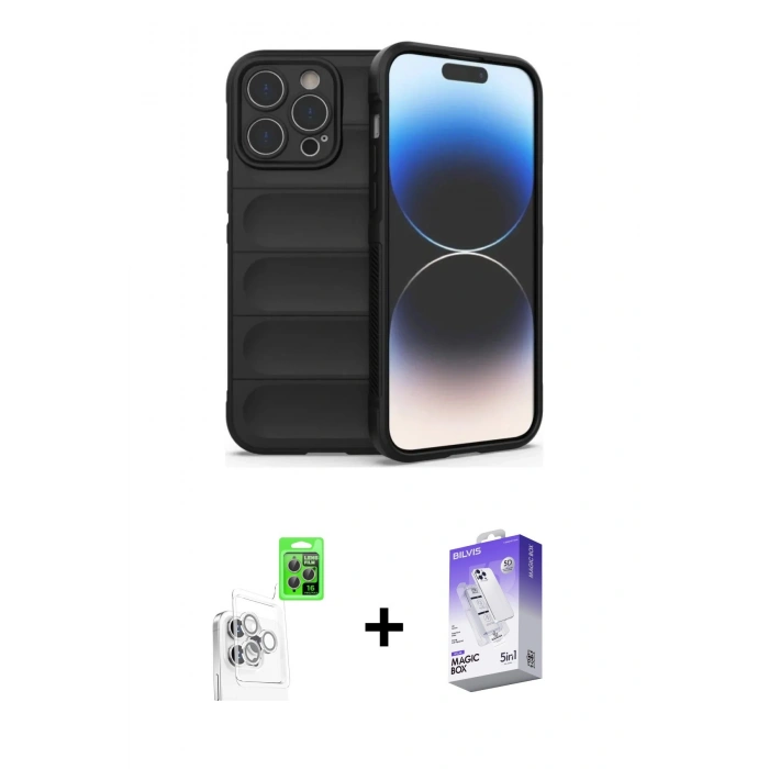 MARSİLYAN™- iPhone 16 Pro Kılıf Atlas Koleksiyonu - Siyah Bilvis 5in1 3D Magic Cam Ekran Koruyucu + Raze Metal Kamera Lens - BZ
