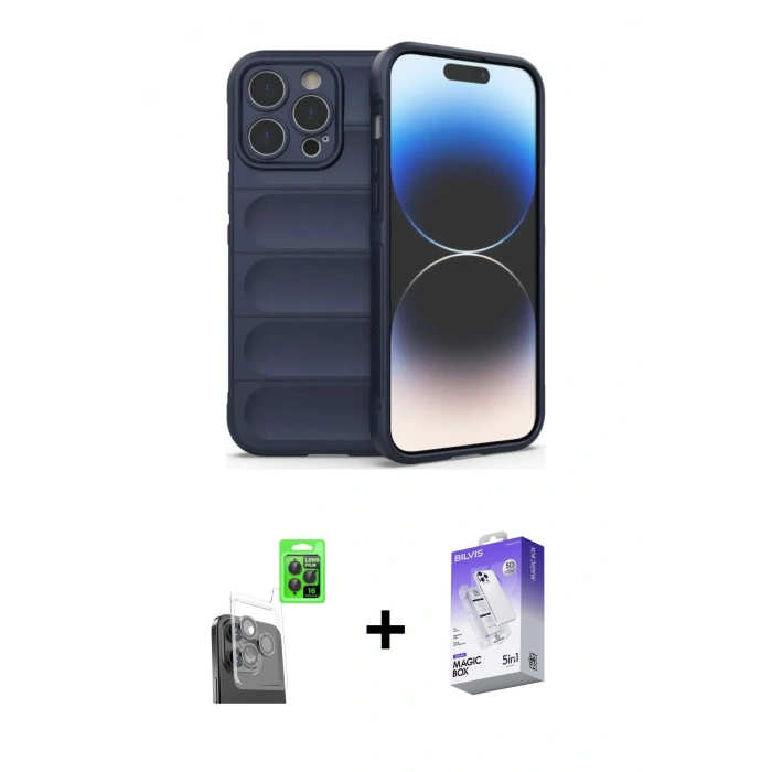MARSİLYAN™- iPhone 16 Pro Kılıf Atlas Koleksiyonu - Siyah Bilvis 5in1 3D Magic Cam Ekran Koruyucu + Raze Metal Kamera Lens - SH