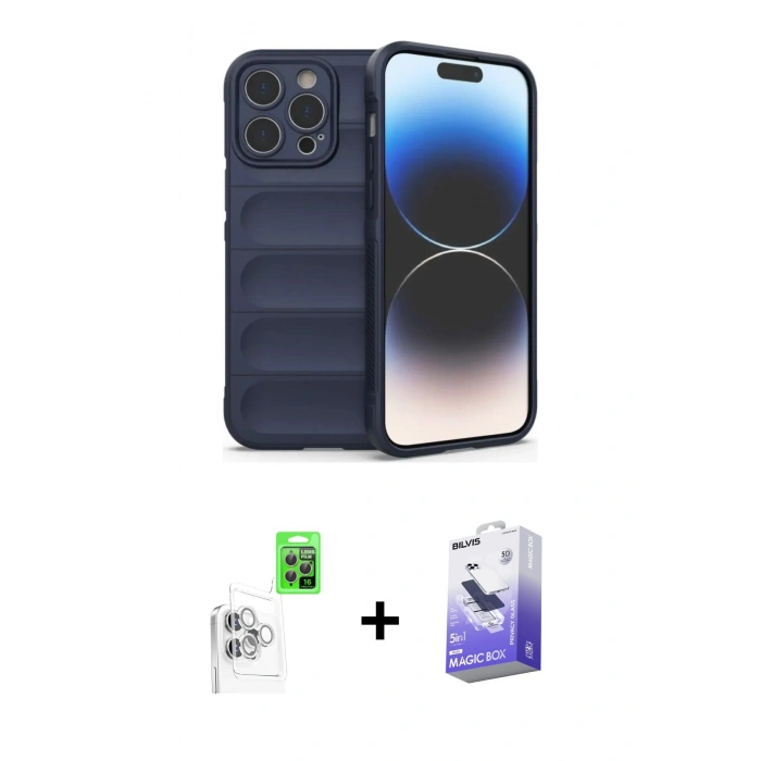 MARSİLYAN™- iPhone 16 Pro Kılıf Atlas Koleksiyonu - Siyah Bilvis 5in1 5D Magic Hayalet Cam Ekran Koruyucu + Raze Metal Kamera Lens - BZ