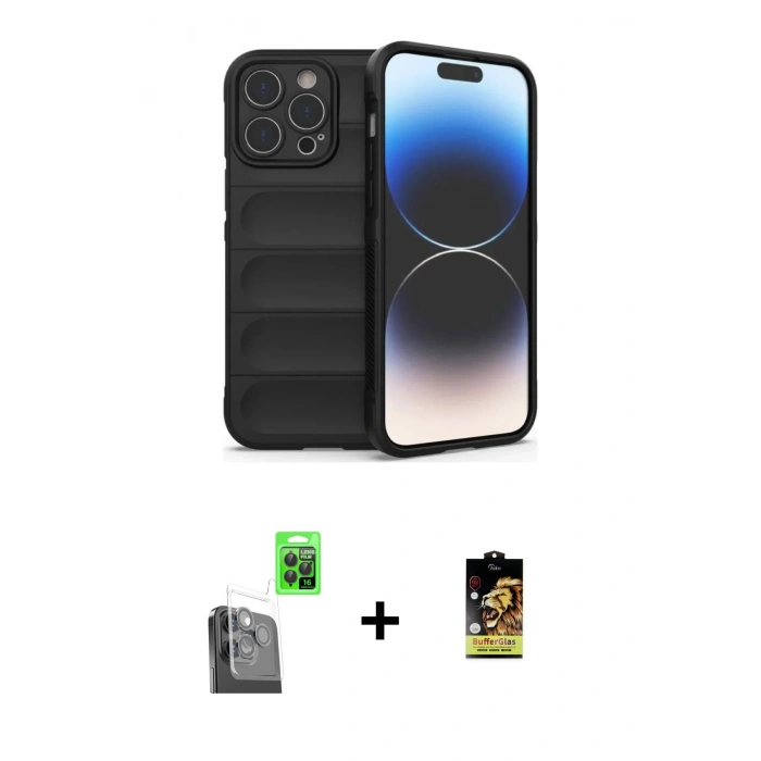 MARSİLYAN™- iPhone 16 Pro Kılıf Atlas Koleksiyonu - Siyah Buffer Cam Ekran Koruyucu + Raze Metal Kamera Lens - SH