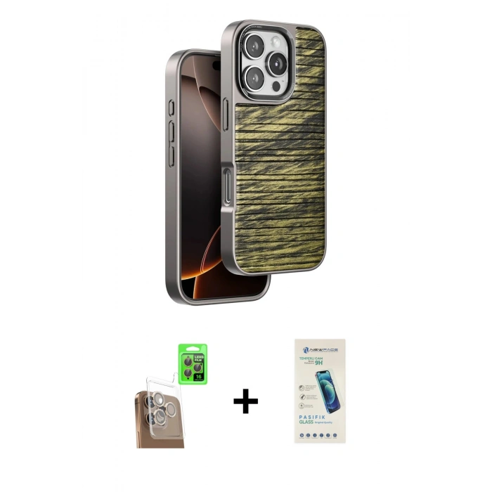 MARSİLYAN™- iPhone 16 Pro Kılıf Atlas Minimal Özel Seri - Şeffaf Pasifik Cam Ekran Koruyucu + Raze Metal Kamera Lens - CLTM