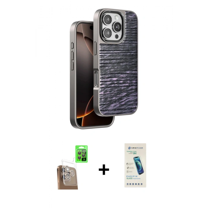 MARSİLYAN™- iPhone 16 Pro Kılıf Atlas Minimal Özel Seri - Şeffaf Pasifik Cam Ekran Koruyucu + Raze Metal Kamera Lens - CLTM