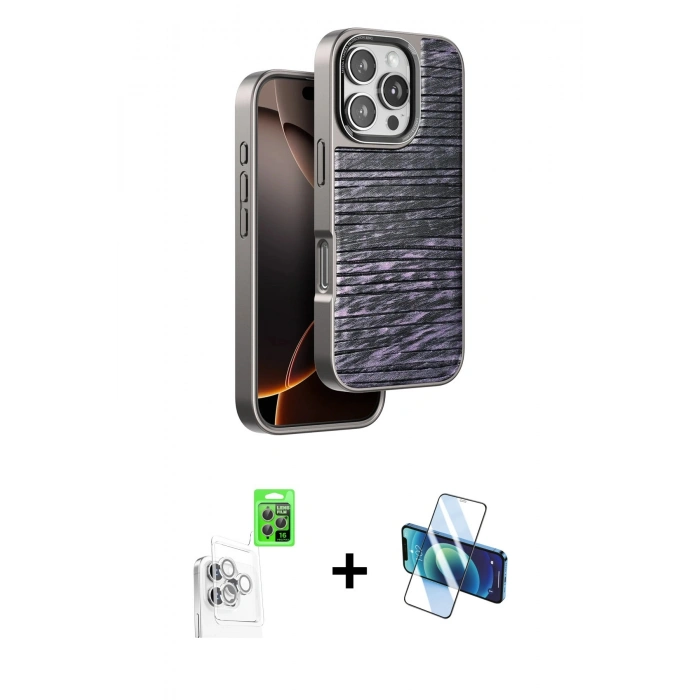 MARSİLYAN™- iPhone 16 Pro Kılıf Atlas Minimal Özel Seri - Siyah 3D Antistatik Cam Ekran Koruyucu + Raze Metal Kamera Lens - BZ