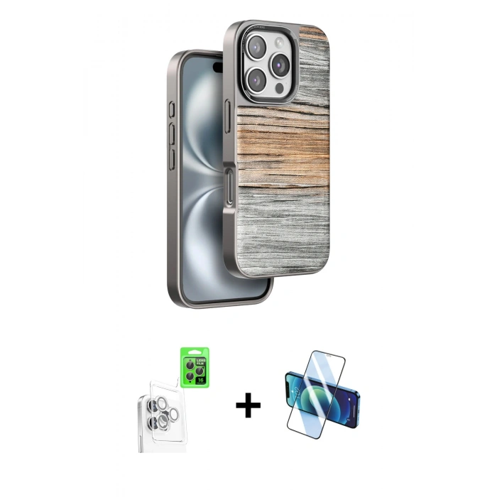 MARSİLYAN™- iPhone 16 Pro Kılıf Atlas Minimal Özel Seri - Siyah 3D Antistatik Cam Ekran Koruyucu + Raze Metal Kamera Lens - BZ