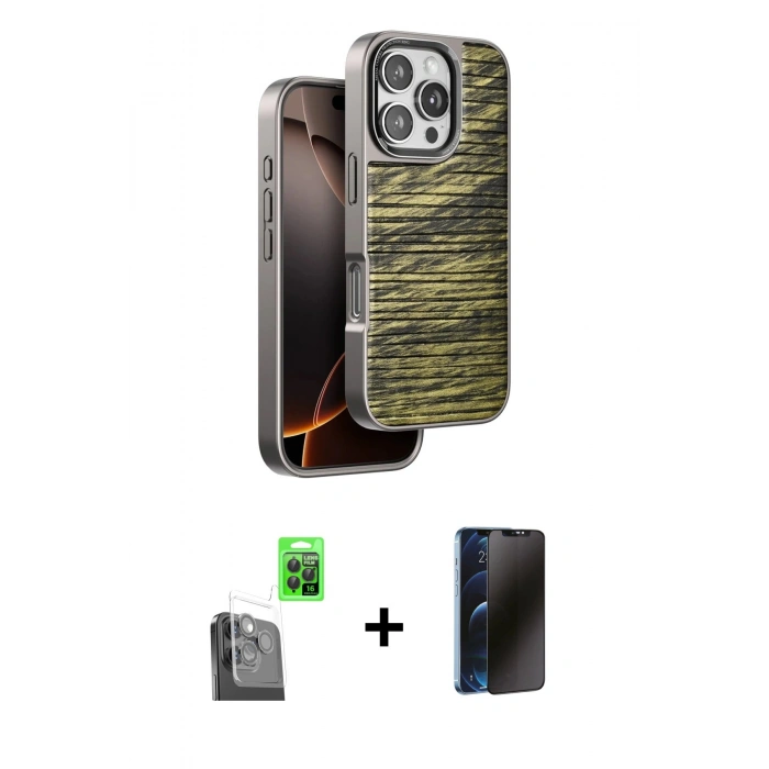 MARSİLYAN™- iPhone 16 Pro Kılıf Atlas Minimal Özel Seri - Siyah 3D Antistatik Hayalet Cam Ekran Koruyucu + Raze Metal Kamera Lens - SH