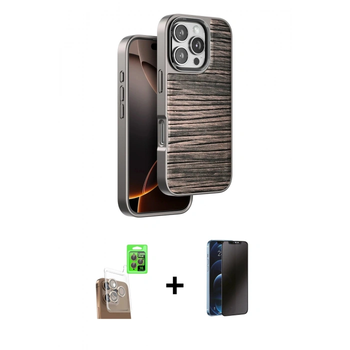MARSİLYAN™- iPhone 16 Pro Kılıf Atlas Minimal Özel Seri - Siyah 3D Antistatik Hayalet Cam Ekran Koruyucu + Raze Metal Kamera Lens - CLTM