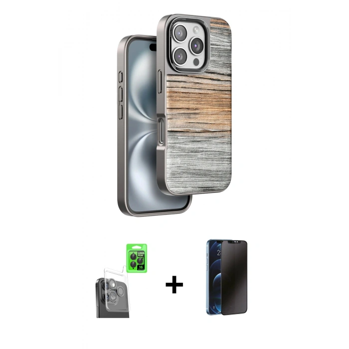 MARSİLYAN™- iPhone 16 Pro Kılıf Atlas Minimal Özel Seri - Siyah 3D Antistatik Hayalet Cam Ekran Koruyucu + Raze Metal Kamera Lens - SH