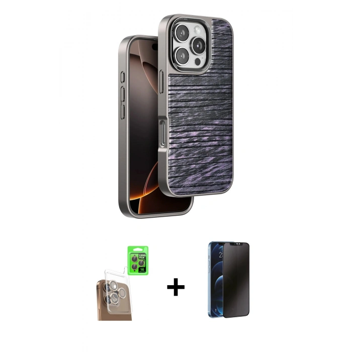 MARSİLYAN™- iPhone 16 Pro Kılıf Atlas Minimal Özel Seri - Siyah 3D Antistatik Hayalet Cam Ekran Koruyucu + Raze Metal Kamera Lens - CLTM