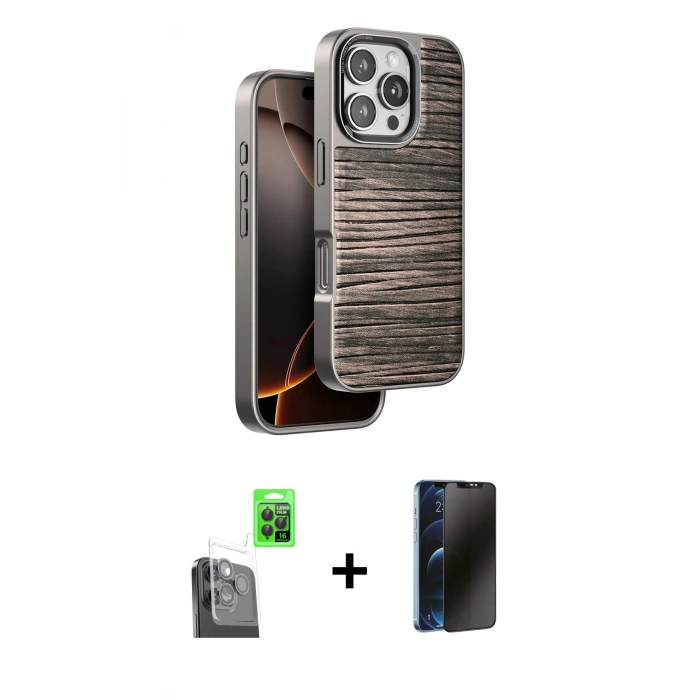 MARSİLYAN™- iPhone 16 Pro Kılıf Atlas Minimal Özel Seri - Siyah 3D Antistatik Hayalet Cam Ekran Koruyucu + Raze Metal Kamera Lens - SH