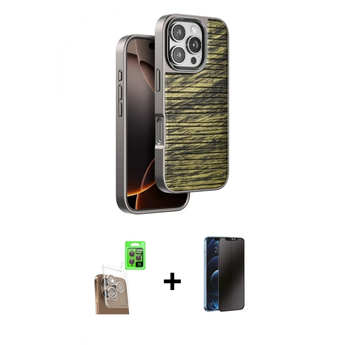 MARSİLYAN™- iPhone 16 Pro Kılıf Atlas Minimal Özel Seri - Siyah 3D Antistatik Hayalet Cam Ekran Koruyucu + Raze Metal Kamera Lens - CLTM